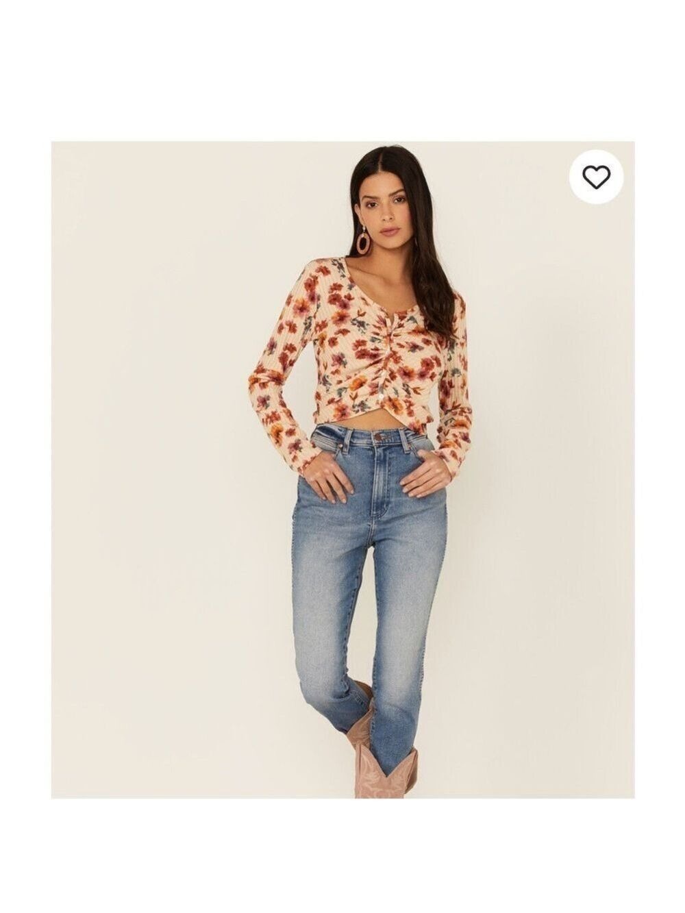 Wild Moss Women's Rust Long Sleeve Floral Button Cinch Front Knit Top